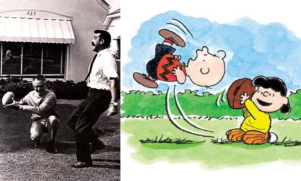 Bill Meléndez y Schulz interpretando la fallida patada de fútbol americano de Charlie Brown