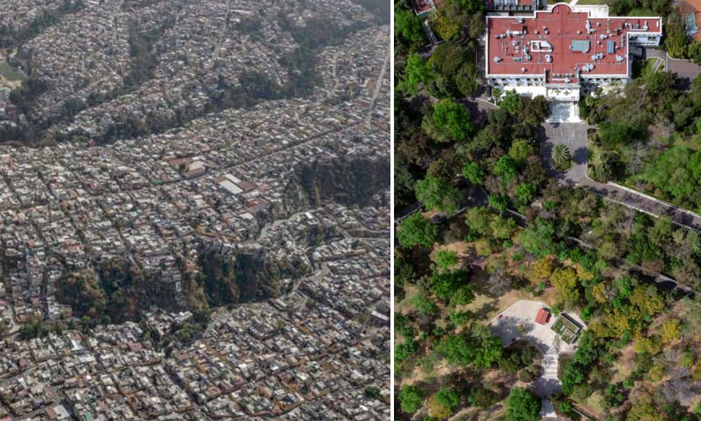 Fotografía aérea de la residencia del presidente de México, comparada con una fotografía del área de barrancas en la delegación Álvaro Obregón