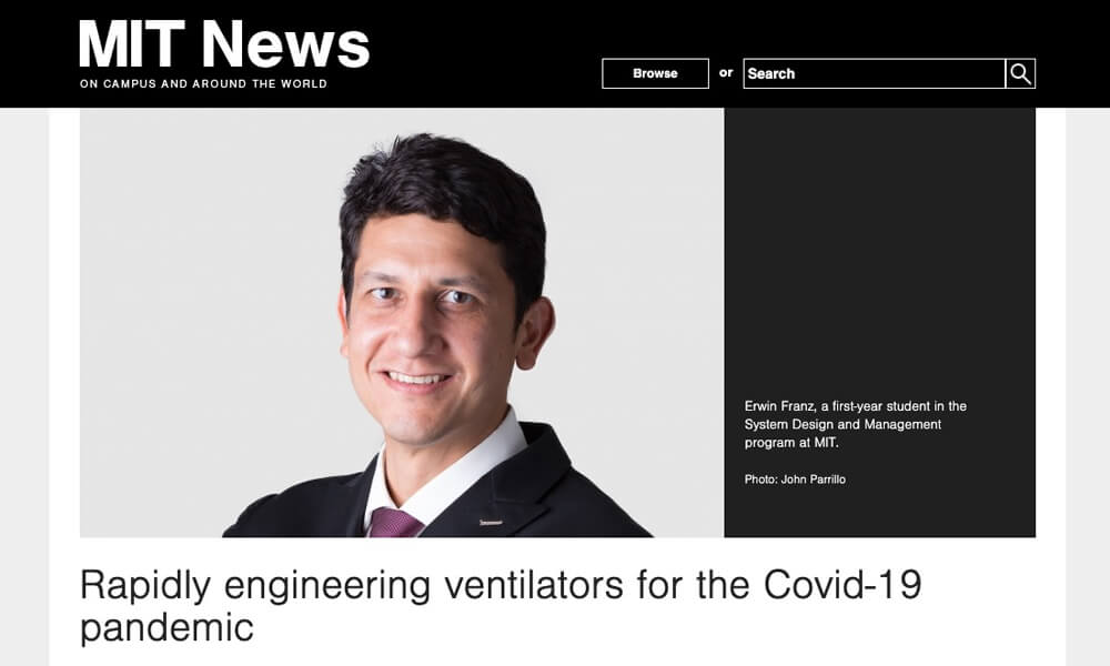 MIT reconoce al ingeniero mexicano Erwin Franz por su labor en el desarrollo de ventiladores médicos que ayudan a combatir el COVID-19